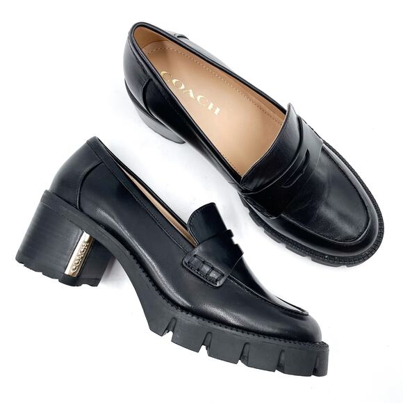 Coach Cora Loafer Pump Black Leather Chunky Heel Round Toe Slip On Sz 36.5 / 6 - Picture 1 of 10